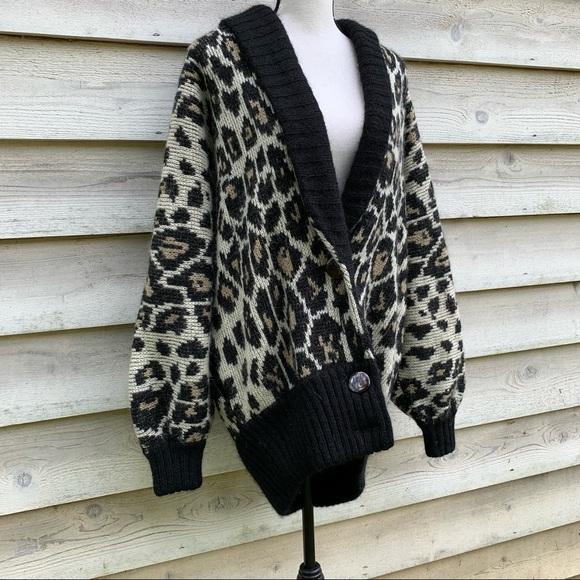 Vintage 80s Wool Mohair Blend Leopard Print Oversized Slouchy Cardigan Sweater - Picture 2 of 16